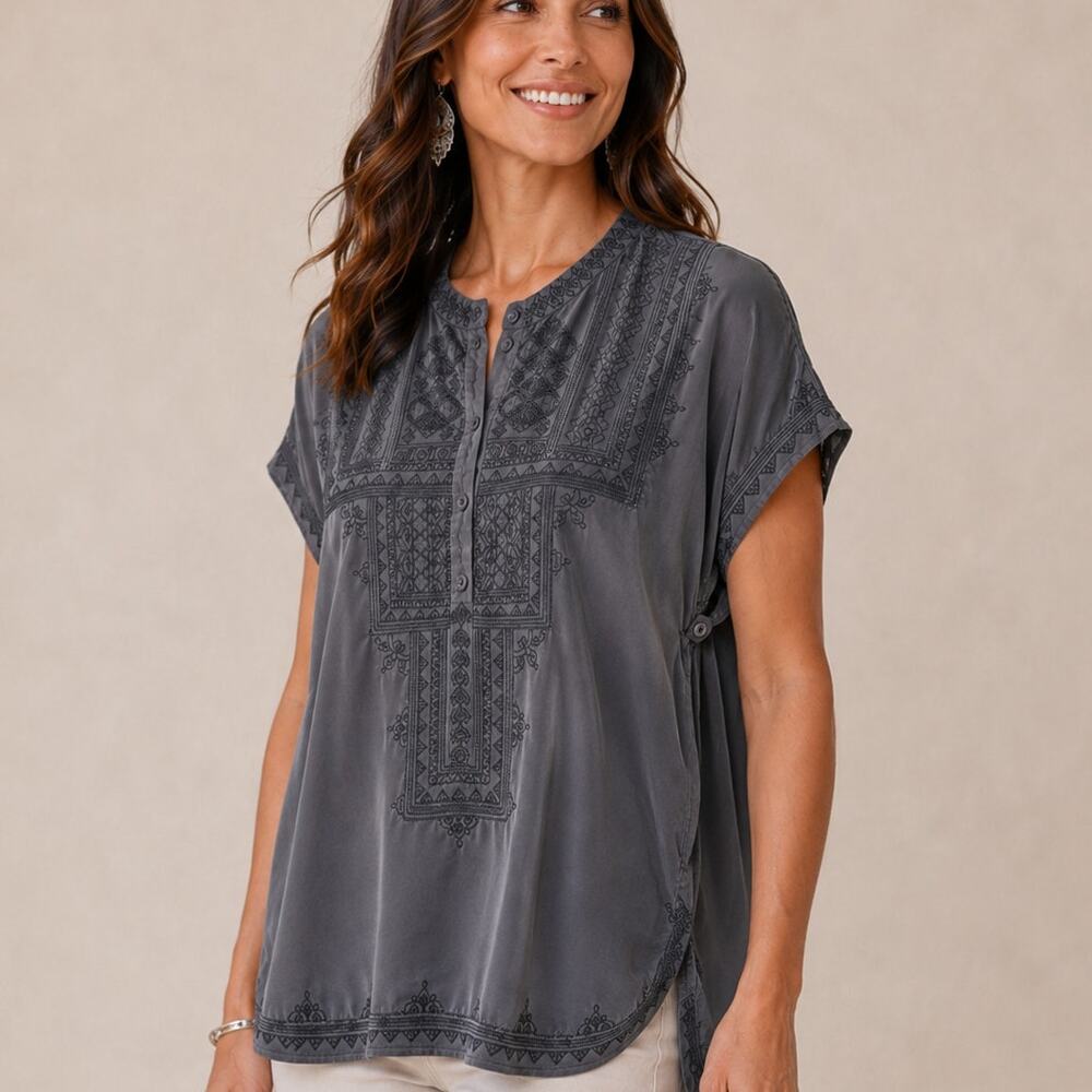 BIYA by Johnny Was Embroidered Silk Tunic Top in Gray Size Small